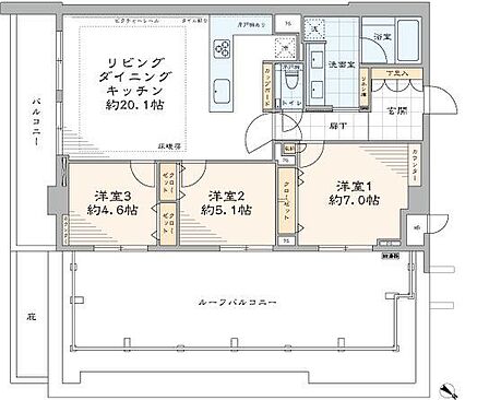 専有面積約85.50m2の三方角部屋・3LDKの間取りです。代々木の街並みと都心の景色を見渡す32m2のルーフバルコニー付き住戸です。風と光に包まれながら、四季の移ろいを感じる時間を日常に。