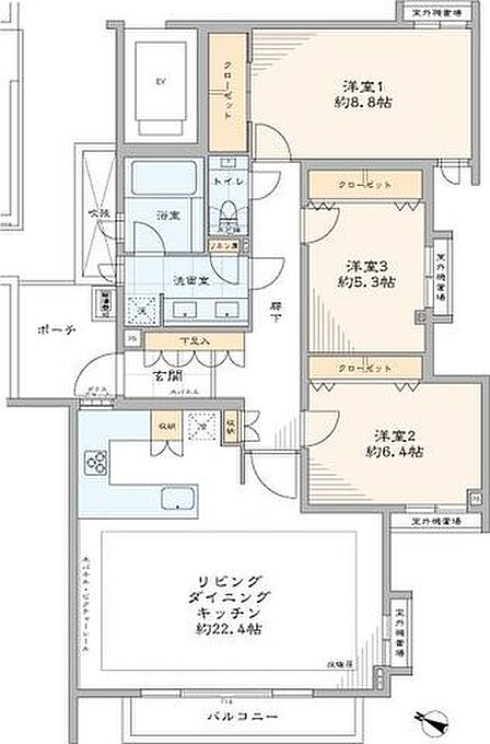 専有面積100.48m2・3LDKの間取りの角部屋です。約5m2の専用ポーチ付きです。給水管・給湯管に至るまで新規交換済みのため快適にお過ごしいただけます。