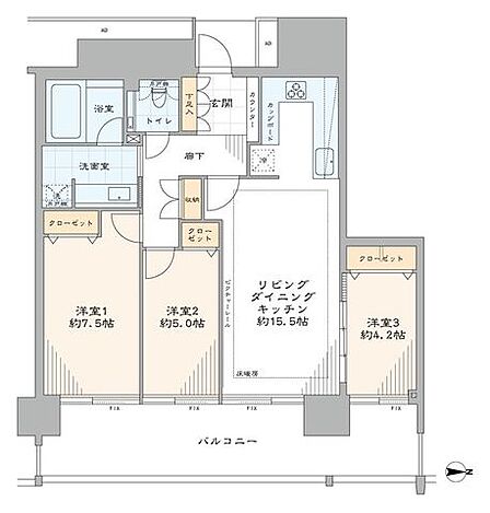 専有面積約74.96m2・3LDKの間取りのお部屋です。全室バルコニーに面しています。室内新規リノベーション済みのため快適にお過ごしいただけます。