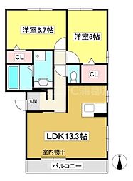 オッツ竹谷 2階2LDKの間取り