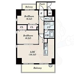 名古屋市営鶴舞線 丸の内駅 徒歩10分の賃貸マンション 5階2LDKの間取り