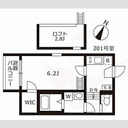 スカイキャッスル2 2階1Kの間取り