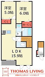 JR鹿児島本線 竹下駅 徒歩14分の賃貸アパート 2階2LDKの間取り