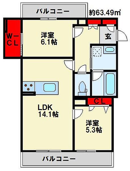 シャーメゾン ヴィラ 平田台 ｜福岡県春日市平田台５丁目(賃貸マンション2LDK・1階・63.49㎡)の写真 その2