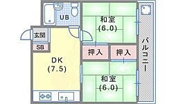 サンハイツ兵庫 2DKの間取図画像
