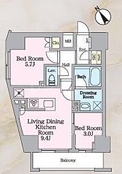 東京メトロ日比谷線 北千住駅 徒歩16分の賃貸マンション 12階2LDKの間取り
