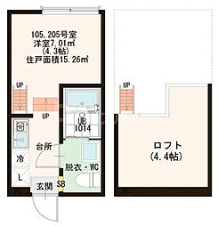 ハーモニーテラス綾瀬III 2階ワンルームの間取り