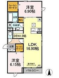 アナシエ鹿浜 1階2SLDKの間取り