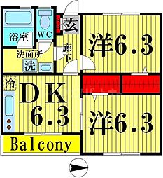 サンサーラ 1階2DKの間取り
