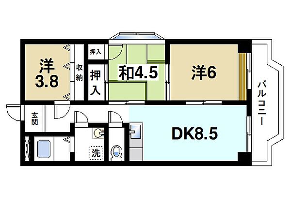 奈良県生駒市東菜畑1丁目(賃貸マンション3DK・4階・60.50㎡)の写真 その2