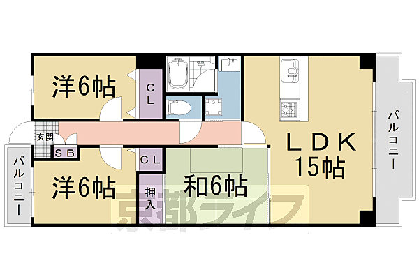 アメニティ双ケ丘 201｜京都府京都市右京区常盤山下町(賃貸マンション3LDK・2階・69.00㎡)の写真 その2