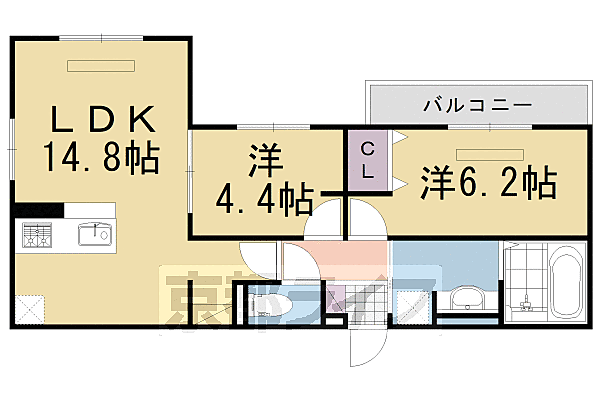 京都府長岡京市長岡1丁目(賃貸アパート2LDK・1階・56.02㎡)の写真 その2