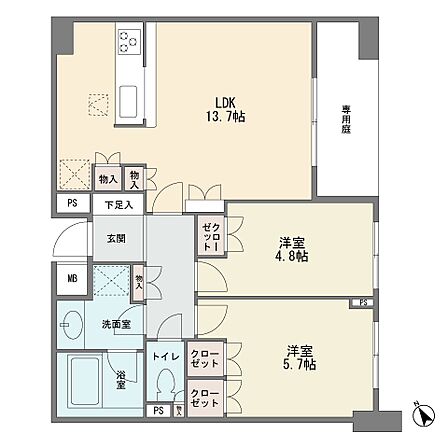 1階部分の東南向き 専用庭14平米 カウンターキッチン 2LDK ペット飼育可能 現況空室 宅配ボックス オートロック 新耐震基準 三菱地所コミュニティへの委託管理