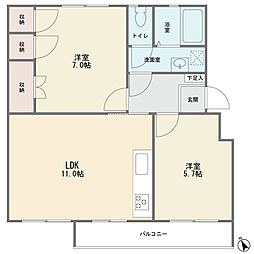 竹山団地1306号棟 2LDKの間取図画像