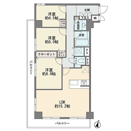 2階部分の南西角部屋です フルリフォーム履歴有り 2面ワイドバルコニー カウンターキッチン LDK15.2帖 無垢材のフローリング 大型3LDK エレベータ有り 総戸数44戸 新耐震基準 現況空室 …