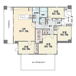 間取り：最上階の南西角部屋です　ルーフバルコニー　ワイドバルコニー　スロップシンク　カウンターキッチン　大型4ＬＤＫ　ウォークインクロゼット　納戸有り　現況空室　宅配ボックス　ペット飼育可能　総戸数388戸…