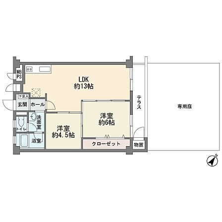専用庭30.6平米付きの1階部分です テラス有り 物置き 全室フローリング 2LDK 新規リフォーム済み 総戸数70戸