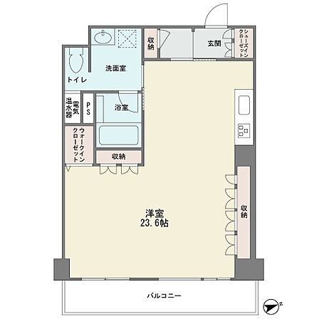 シニア向けマンションです 1R23.6帖 現況空室 ウォークインクロゼット シューズインクローク トランクルーム オートロック 天然温泉など充実の共用施設です
