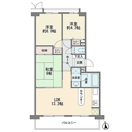 4階部分の南向き ワイドバルコニー 3LDK エレベータ有り 総戸数57戸 新耐震基準