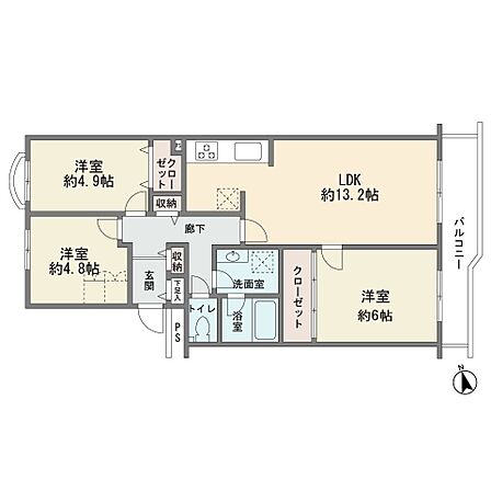 3階部分の東向き　ワイドバルコニー　3ＬＤＫ　現況空室　平成23年にフルリフォーム済み　エアコン先行配管