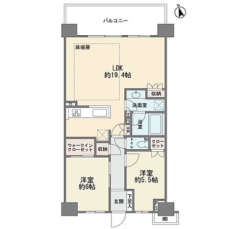 3階部分の北東向きです　ワイドスパンバルコニー　カウンターキッチン　ウォークインクロゼット　ＬＤＫ19．4帖　床暖房　ペット飼育2匹可能　2ＬＤＫ　2025年8月築　総戸数90戸　宅配ボックス　オー…