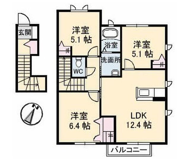 シャーメゾン　ルミエール　KII 201｜山口県下関市安岡町5丁目(賃貸アパート3LDK・2階・66.43㎡)の写真 その2