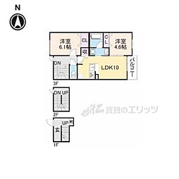 グレーヌ東寺 3階2LDKの間取り
