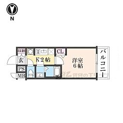 京都市営烏丸線 十条駅 徒歩4分の賃貸マンション 6階1Kの間取り