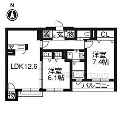 JR山陰本線 花園駅 徒歩7分の賃貸マンション 3階2LDKの間取り