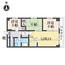 近鉄京都線 十条駅 徒歩10分の賃貸マンション 4階3LDKの間取り