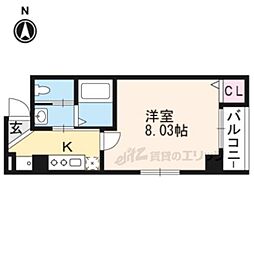 ボンジュール東山 2階1Kの間取り