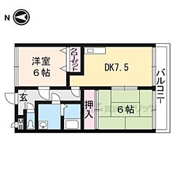 京都地下鉄東西線 東野駅 徒歩13分の賃貸マンション 2階2DKの間取り