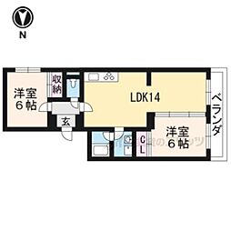 京都地下鉄東西線 醍醐駅 徒歩16分の賃貸マンション 2階2LDKの間取り