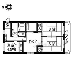 京都市営烏丸線 北大路駅 徒歩16分の賃貸マンション 2階3DKの間取り