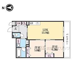京都地下鉄東西線 椥辻駅 徒歩6分の賃貸マンション 2階2LDKの間取り