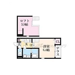 ハーモニーテラス醍醐新開II 1階1Kの間取り