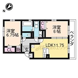 JR東海道・山陽本線 瀬田駅 徒歩15分の賃貸アパート 2階2LDKの間取り