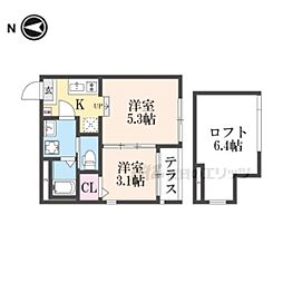 JR奈良線 稲荷駅 徒歩13分の賃貸アパート 1階2Kの間取り
