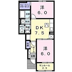 ライズピークB 1階2DKの間取り