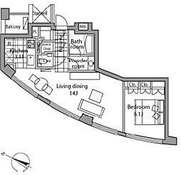 東京メトロ千代田線 乃木坂駅 徒歩1分の賃貸マンション 6階1LDKの間取り