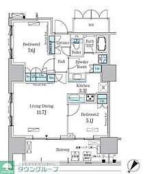都営大江戸線 勝どき駅 徒歩12分の賃貸マンション 13階2LDKの間取り