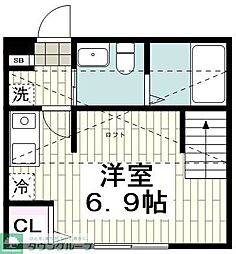 ハーミットクラブハウス上大岡S 2階ワンルームの間取り