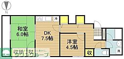 JR埼京線 戸田駅 徒歩20分の賃貸マンション 4階2DKの間取り