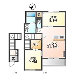 埼玉高速鉄道 南鳩ヶ谷駅 徒歩14分の賃貸アパート 2階2LDKの間取り