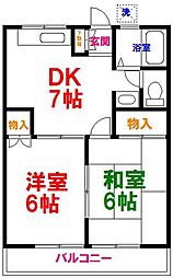 野島ハイツ 2DKの間取図画像