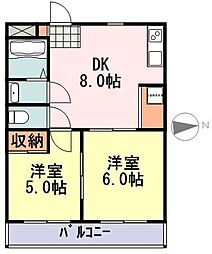 ヴィレッジまるやま 3階2DKの間取り