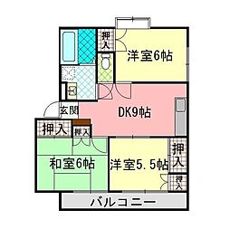 ベルフラワーハイツ2 3DKの間取図画像