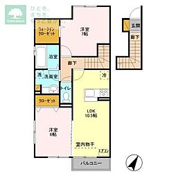 キャトルセゾン伊藤　I 2階2LDKの間取り