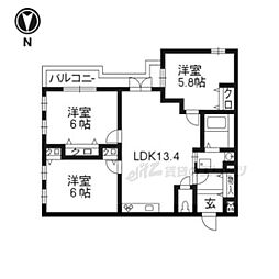 グリーンヒル下鴨本通 2階3LDKの間取り