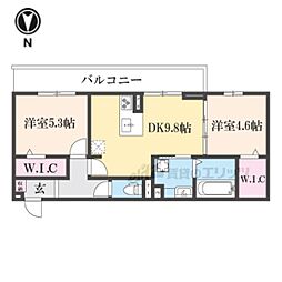 JR草津線 手原駅 徒歩23分の賃貸アパート 3階2DKの間取り